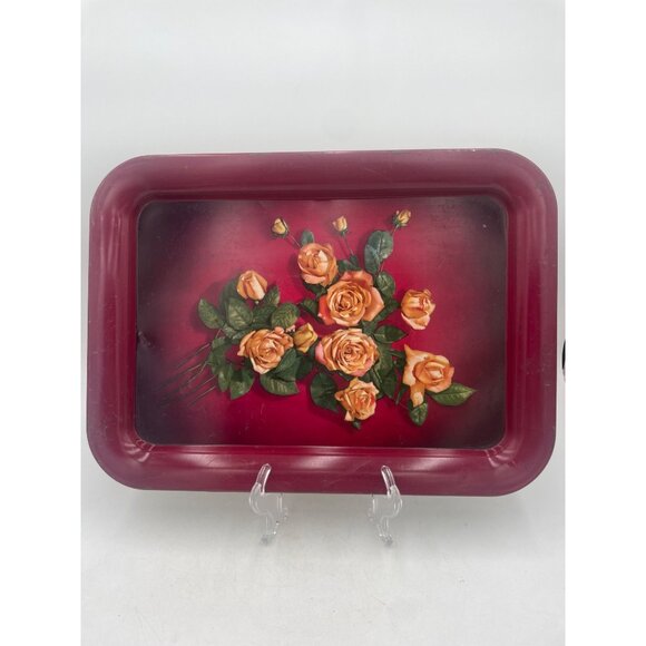 Vintage Floral Metal Serving Trays Set Of 2 Rose Design Boho Chic Burgundy - Picture 2 of 5